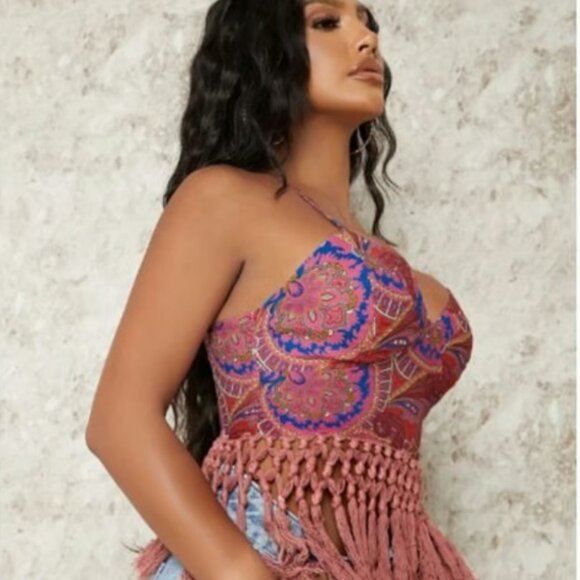 Shein Bohemian Paisley Floral Print Zipper Back Fringe Hem Cami Top L - Picture 4 of 5